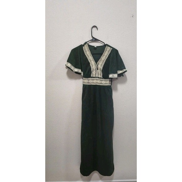 Vintage 70s Boho Green Floral Crocheted Maxi Dress Boho Cottage Whimsy Sz M - Picture 2 of 8